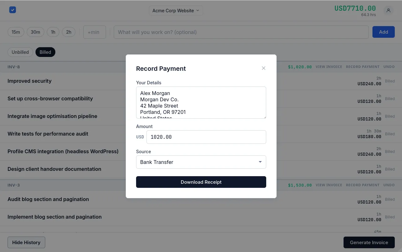 History tab with Generate Receipt button